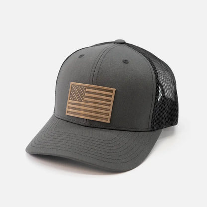 American Flag Hat | Leather Patch Trucker Hat