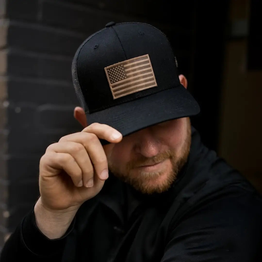 American Flag Hat | Leather Patch Trucker Hat